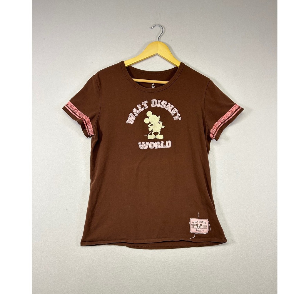 Disney Brown Mickey Graphic Short Sleeve Tee with Pink Trim